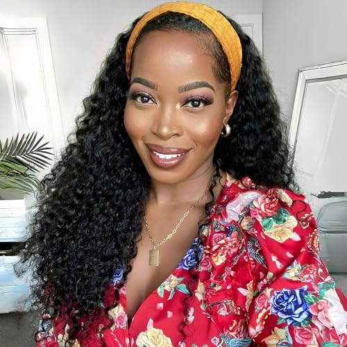 Curly Headband Wig Human Hair 18 inch Machine Made Wigs Glueless Deep Wave Headband Half Wigs for Black Women Human Hair Water Wave Natural Color