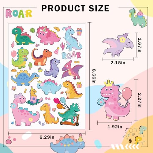 Three Rex Dinosaur Temporary Tattoos - 6 Sheets 180 Pcs Pink 3rd Birthday Decorations Cute Cartoon T-rex Tattoo Stickers for Dino Party Favors Decor Supplies