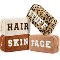 Paterr 4 Pcs Christmas Chenille Letter Preppy Patches Makeup Pouch Bag Plush Fuzzy Makeup Pouch Hair Skin Face Stuff Bag Large Cosmetic Purse Zipper Travel Toiletry Kit for Gift(Brown Colors)