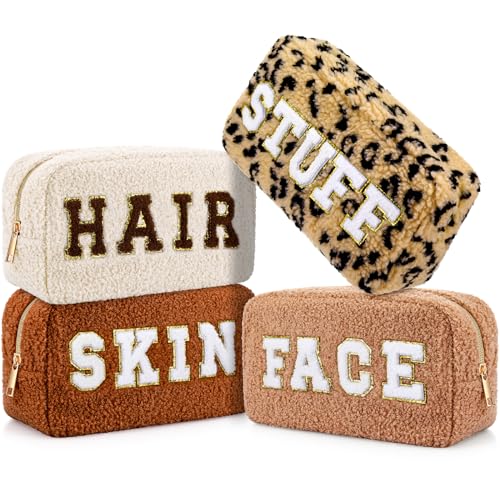 Paterr 4 Pcs Christmas Chenille Letter Preppy Patches Makeup Pouch Bag Plush Fuzzy Makeup Pouch Hair Skin Face Stuff Bag Large Cosmetic Purse Zipper Travel Toiletry Kit for Gift(Brown Colors)