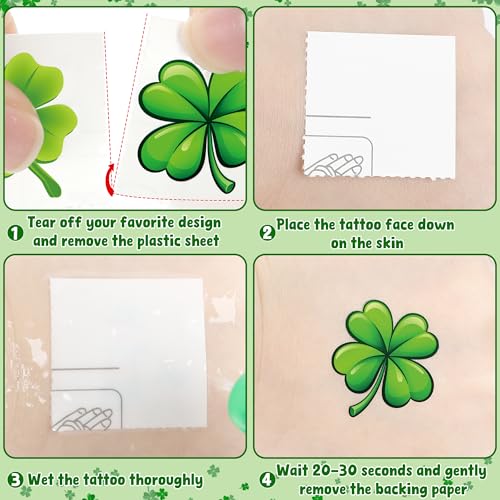 100 PCS St Patricks Day Tattoos, 4 Sheets Green Four Leaf Clover St Patricks Day Tattoos, Waterproof St Patricks Day Temporary Tattoos for St Patricks Day Accessories Favors