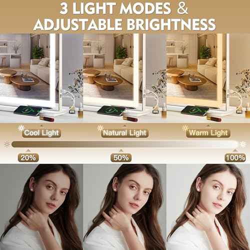 ROLOVE Vanity Mirror with Lights, 32" x 22" Large Lighted Vanity Mirror with Dimmable 3 Modes, LED Makeup Mirror, USB Charging Port, Tabletop or Wall-Mounted Square White