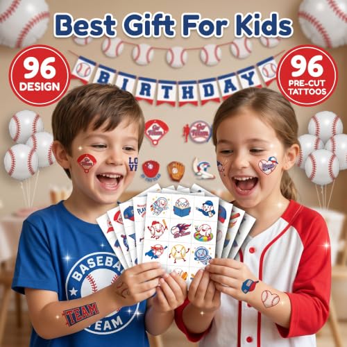 96 Pre-Cut Baseball Temporary Tattoos for Kids