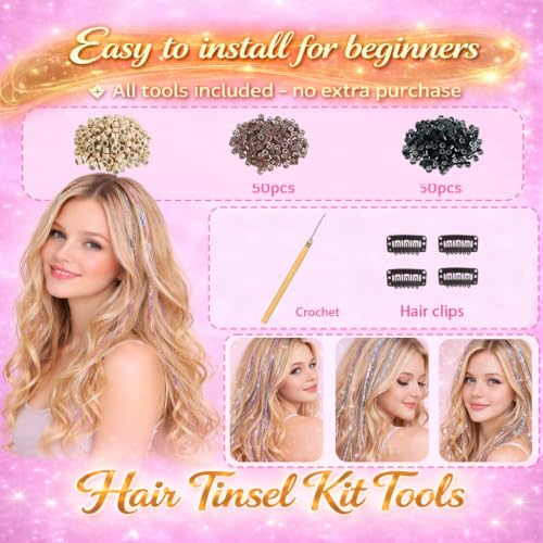 Rainbow Hair Tinsel Kit, 48 Inch 4000 Strands with Tools