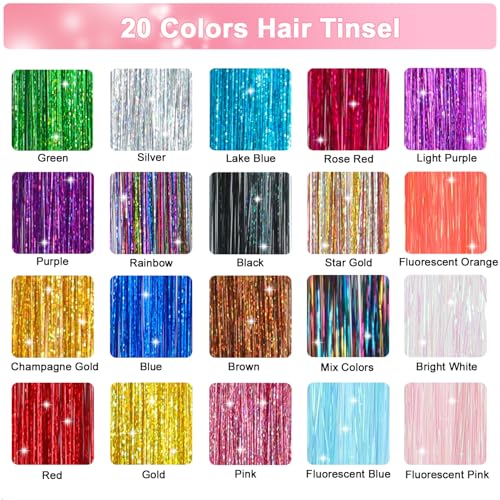20 Colors Hair Tinsel Kit with Tools - 8000 Strands Heat Resistant Extensions