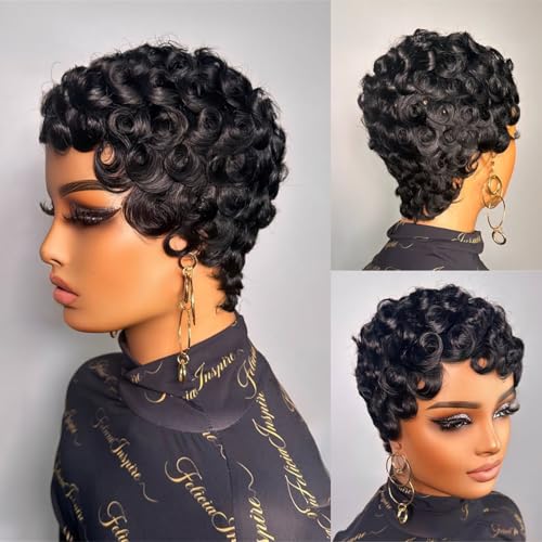 FREEKWEEN 1B# Short Curly Pixie Wig for Black Women Human Hair Finger Wave Style