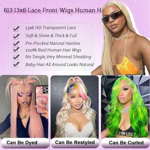 32 Inch 613 13x6 Lace Front Wigs Human Hair Straight Blonde Wig 180% Density 613 Lace Front Wig Human Hair for Women, Pre Plucked, Minimal Shedding, Soft Texture, Natural Look for Daily Wear