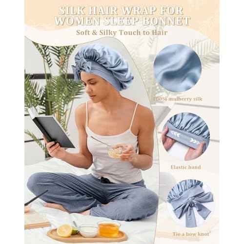 100% Mulberry Silk Bonnet for Women Hair Bonnet for Sleeping with Hair Scrunchy Elastic Tie Band Night Cap