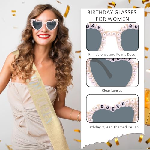 Gold Birthday Sash for Women & Girls with Heart-Shaped Glasses - Party Accessories