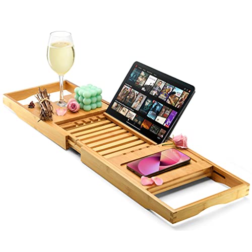 Bamboo Bathtub Caddy Tray - Expandable Bath Tray for Tub