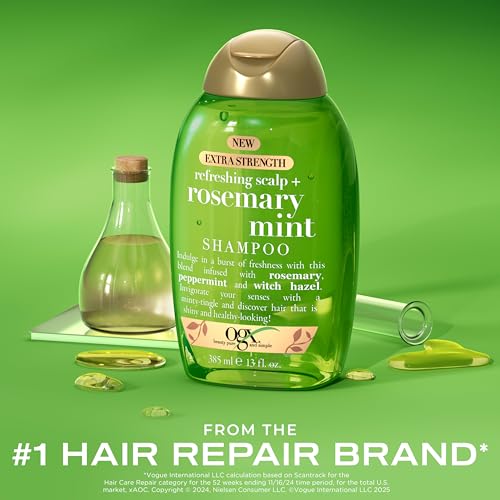 OGX Extra Strength Refreshing Scalp + Rosemary Mint Shampoo,Clarifying Shampoo for Oily Hair Visibly Helps Remove Oil & Residue to Clear Away Buildup,Sulfate-Free Surfactants,13 fl. oz,(Pack of 2)