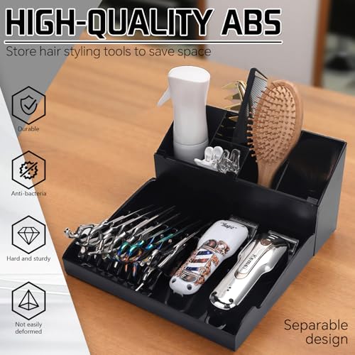 Professional Hair Stylist Storage Box, Black ABS Plastic, Multi-Compartment Organizer with Clipper Holders, Salon Tools Tray Case for Barber Accessories