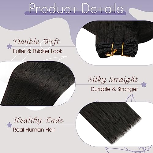 Full Shine Hair Extensions Weft Real Human Hair Black Sew in Hair Extensions #1B Off Black 24inch Weft Extensions Human Hair Weave Bundles Brazilian Hair Double Weft Long Straight 105g