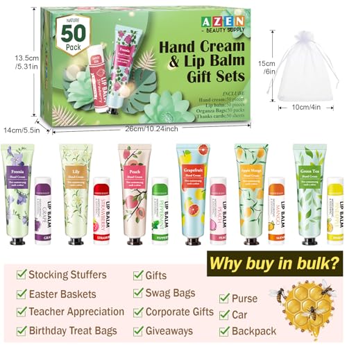 AZEN 50 Sets Bulk Gifts, Hand Cream and Lip Balm Bulk Set with Organza Bag Thank You Card, Baby Shower Wedding Gifts for Guests, Bridal Wedding Favors, Valentines Gift for Women