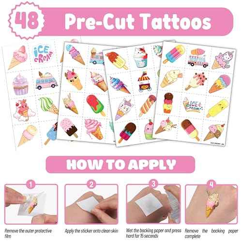 72 PCS Ice Cream Party Set - 48 Temporary Tattoos & 24 Slap Bracelets - Perfect for Themed Parties, Baby Showers, Classroom Rewards & Gifts for Kids