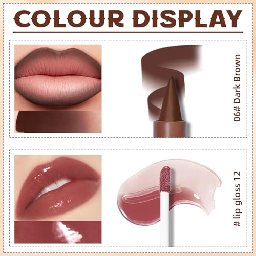 Lip Liner Gloss Set, Dark Brown Plumping Lip Liner Lip Pencil Moisturizing Lightweight Lip Gloss Lip Combo, High Shine Glossy Lip Tint Lip Stain Makeup Long Lasting Lip Contour for Women