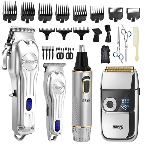 DSP 4-in-1 Pro Barber Kit: Cordless Hair Clipper, Trimmer, Shaver & Nose Hair Remover - Styling & Grooming Set with Scissors, Fade Tools, LED Display