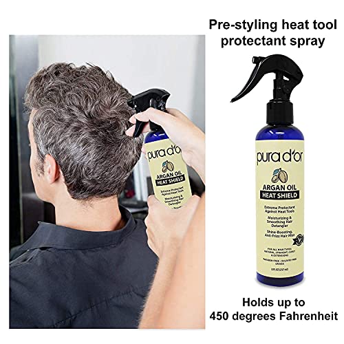 PURA D'OR Argan Oil Heat Shield Protectant Spray (8oz) Water Based Formula w/Organic Ingredients, Protects Up To 450º F From Flat Iron & Hot Blow Dry, Leave-In, Define & Shine Dry & Damaged Hair