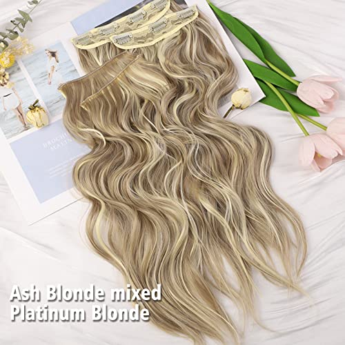 QGZ Clip in Long Wavy Hair Extensions Synthetic 4PCS Thick Hairpieces for Women 20 Inch Long Fiber Hair Extension for Daily Party Use (Ash Blonde mixed Platinum Blonde) …