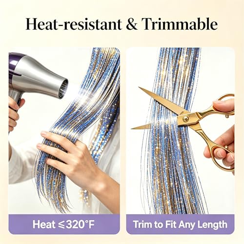 15 Tinsel Hair Extensions with Pliers Kit - Gradient Rainbow Pink Blue 47 Inch