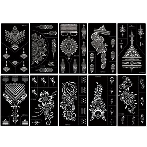 Temporary Tattoo Stencils, 10 Sheets Henna Tattoo Templates for Women Girls Indian Arabian Fake Tattoos DIY Body Art Stickers Reusable for Hand Arm Leg