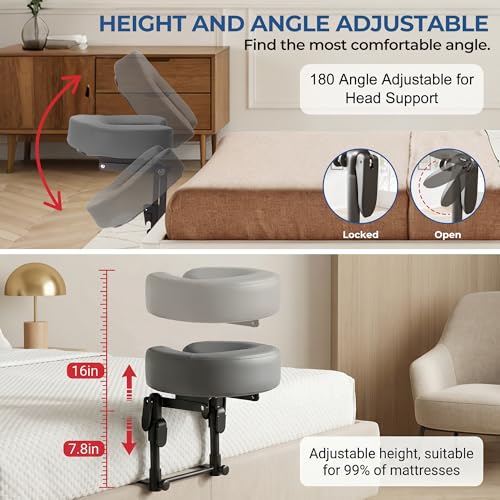 Massage Headrest for Bed, Foldable Adjustable Massage Memory Foam Face Cradle, Portable Head Rest Attachment for Mattress, Waterproof Leather Home Bed Massage Head Holder with Face Pillow