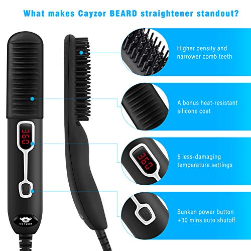 Beard Straightener Comb for Men - Upgraded Professional Electric Mens Beard Straightening Heated Brush Portable Anti-Scald 5 Adjustable Temperatures & LCD Display with Carrying Bag