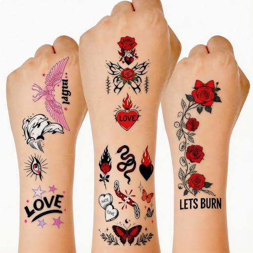 Red & Black Temporary Tattoos - 12 Sheets Waterproof Aesthetic Designs