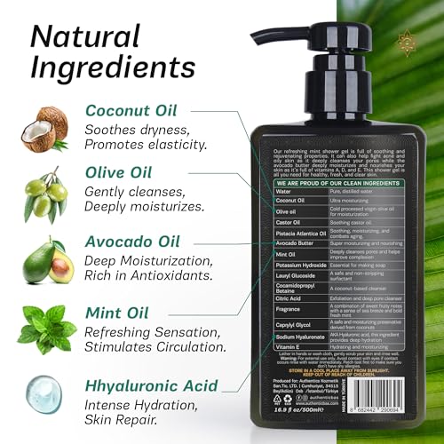 AUTHENTIC BATH & SOAP Sensitive Skin Body Wash ? Organic Mint Essential Oil & Avocado Butter ? Hydrating Shower Gel with Vitamin E & Hyaluronic Acid ? SLS Free, Moisturizing & Refreshing, 16.9 Fl Oz