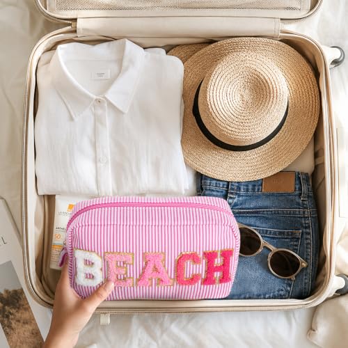 Sanwuta 6-Pack Seersucker Beach Makeup Bags with Chenille Letter Patch