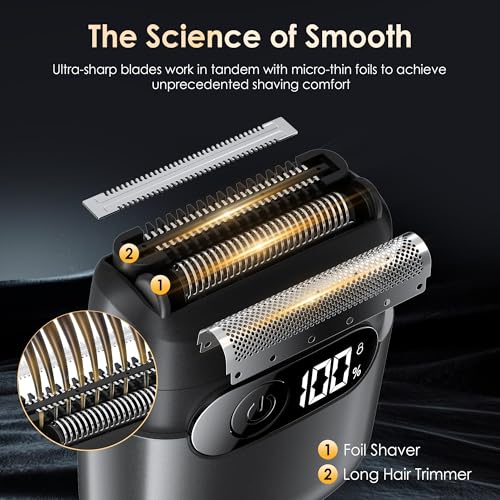 Electric Razor for Men, Foil Shaver and Beard Trimmer for Dry and Wet,Battery LED Display USB-C Fast Charge, IPX7 Waterproof Portable Travel Shaver (Charcoal Black)