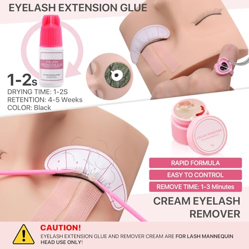 Pretty memory Eyelash Extension Kit for Beginners, 343 Pcs Lash Extension Kit with Everything Includes 2 Mannequin Heads Facial Mister Tweezers Glue USB Fan for Practice Training