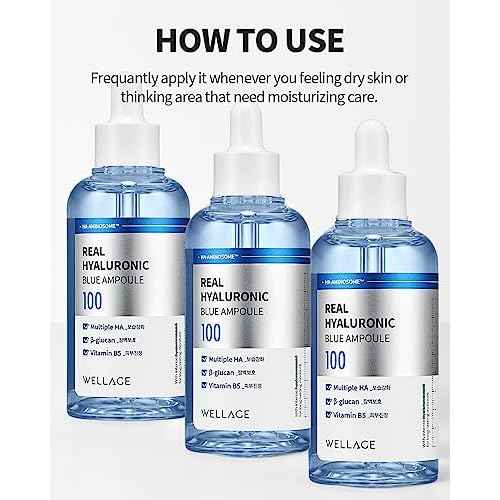 WELLAGE Real Hyaluronic Blue Ampoule 100, Korean Skincare, Fragrance Free Hyaluronic Acid Serum with Panthenol, Wild yam, Centella for Sensitive Dry Skin Moisturizer 1.01 fl.oz
