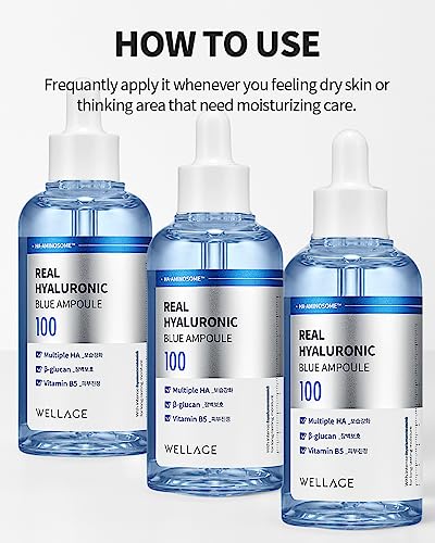 WELLAGE Real Hyaluronic Blue Ampoule 100, Fragrance Free Hyaluronic Acid Ampoule, Hydrating Non Sticky Serum for Sensitive Dry Skin, 1.01 fl.oz