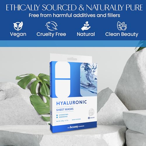 Hyaluronic Acid Sheet Face Mask - Skin Firming, Anti-Aging, Moisturizes & Plumping - Dermatologist Tested, Cruelty-Free Korean Skincare for All Skin Types - Pack of 10