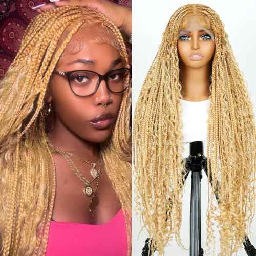 SUPERNOVA 36 Inches Full Lace Boho Box Braided Wig T274/614# Ombre Blonde Synthetic Braids Wig With Baby Hair Bohemian Long Highlight Square Knotless Braided Wigs For Black Women (36 Inch)
