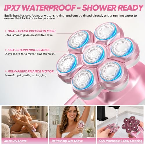 Pink Women Electric Shaver with 7D Magnetic Floating Heads Wet Dry Bikini Trimmer Kit