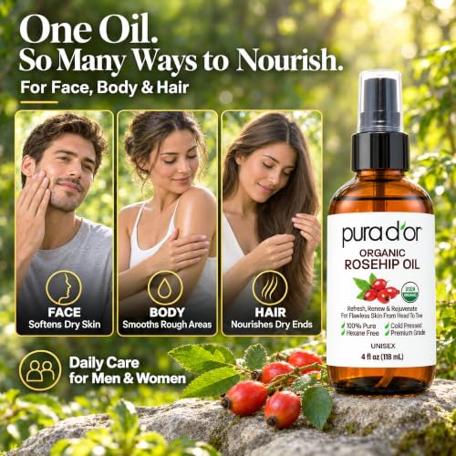 PURA D'OR USDA Organic Rosehip Seed Oil 4oz Cold-Pressed Face & Hair Treatment