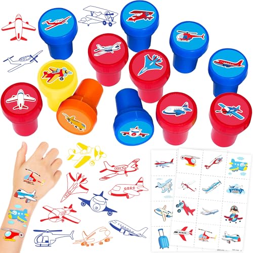 Airplane Party Favors Set - 24 Tattoos & 12 Stamps