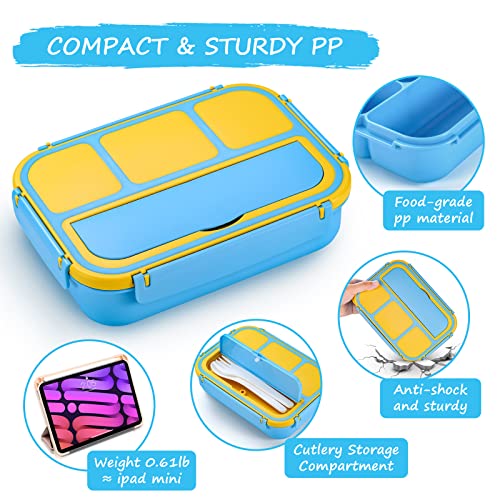 QQKO Bento Lunch Boxes with 4 Compartments, Sauce Container, Utensils, Food Picks and Muffin Cups for School or Adults, Blue