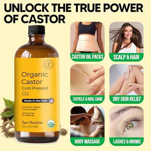 Zen Routine Organic Castor Oil (16oz Glass Bottle) Hexane Free ? Hair Growth Oil, Eye Lashes & Stomach, 100% Cold Pressed Unrefined Pure for Castor Pack Wrap ? USDA Certified, Made in the USA