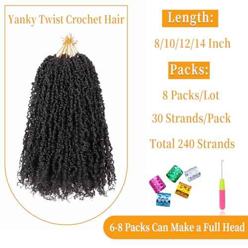 8 Inch Pre-Looped Yanky Twist Crochet Hair, 30 Strands/Pc, Mini Passion Twists, Senegalese Braiding Hair (Natural Black, 8 Pcs/Pack)