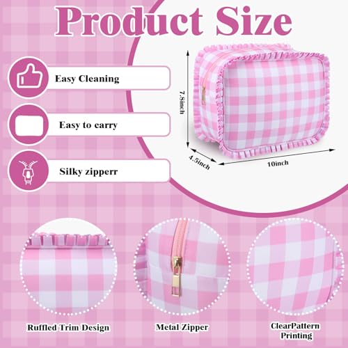 Large Pink Gingham Ruffle Makeup Bag - Stylish Travel Organizer