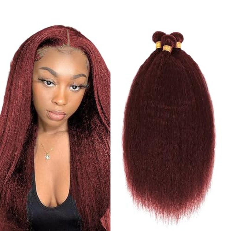 #99J Burgundy Yaki Straight Human Hair Bundles - 16/18/20 Inch