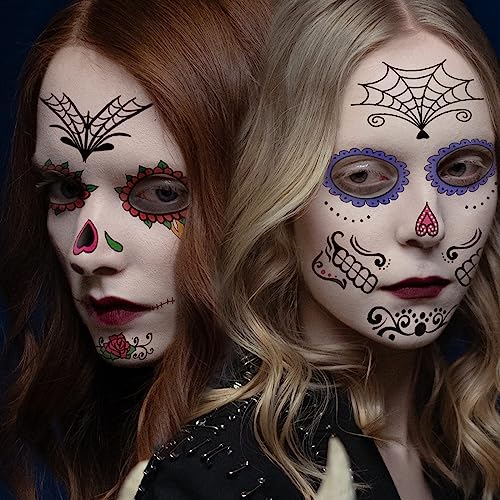 Sugar Skull Temporary Face Tattoo - 10 Sheets Halloween Kit