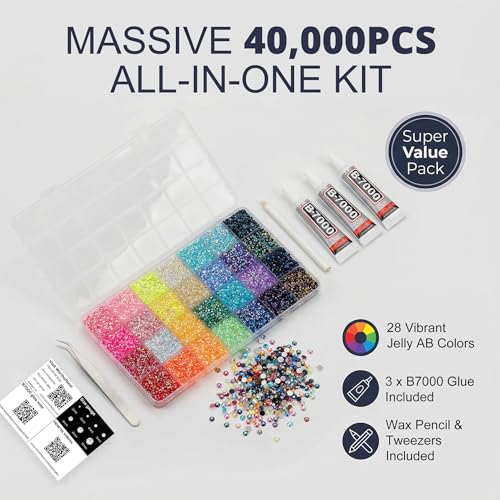 Worthofbest 40,000 Pcs 3mm Flatback Resin Rhinestones Kit with B7000 Glue