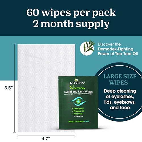 NOVEHA Demodex Eyelid & Lash Wipes | Box Of 60 Individually Wrapped Extra Strength Cleansing Eyelash Wipes - Battle Itchy & Irritated Eyes associated with Demodex Mites, Naturally Remove debris