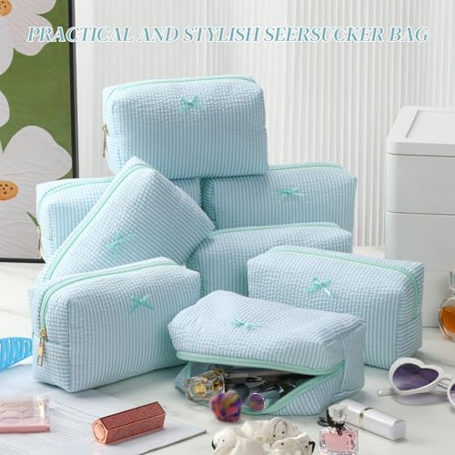 Sanwuta 8 Pcs Striped Seersucker Makeup Bag Set - Travel Pouches