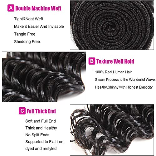 WuvuSnm Black #1BDP Deep Wave Human Hair Bundles 14-18 Inch Brazilian Natural Black
