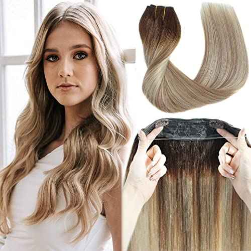 Ugrace Hair Wire Hair Extensions Real Human Hair Balayage Light Brown to Ash Brown and Bleach Blonde 18 inch 90g Transparent Invisible Fish Line Straight Clip in Human Hair Extensions for Women
